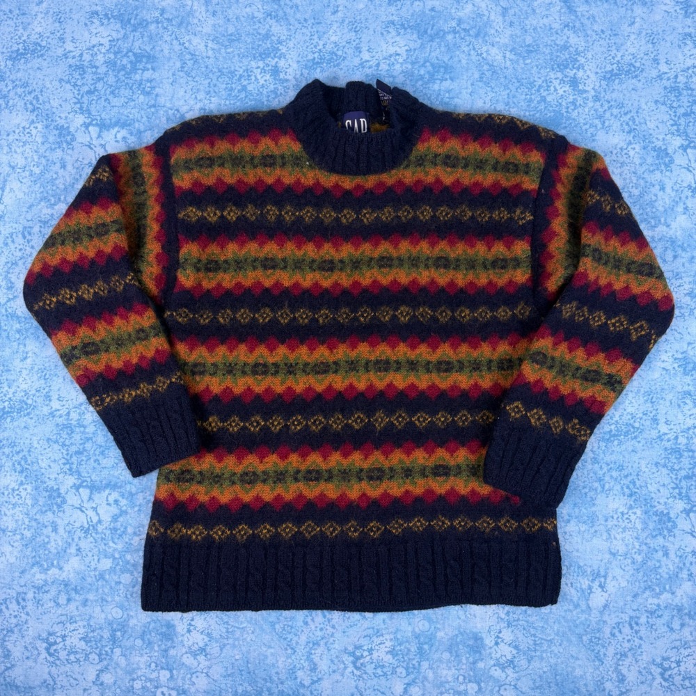 Vintage Gap Wool Fair Isle Sweater Small Navy Multicolor Geometric Mock Neck